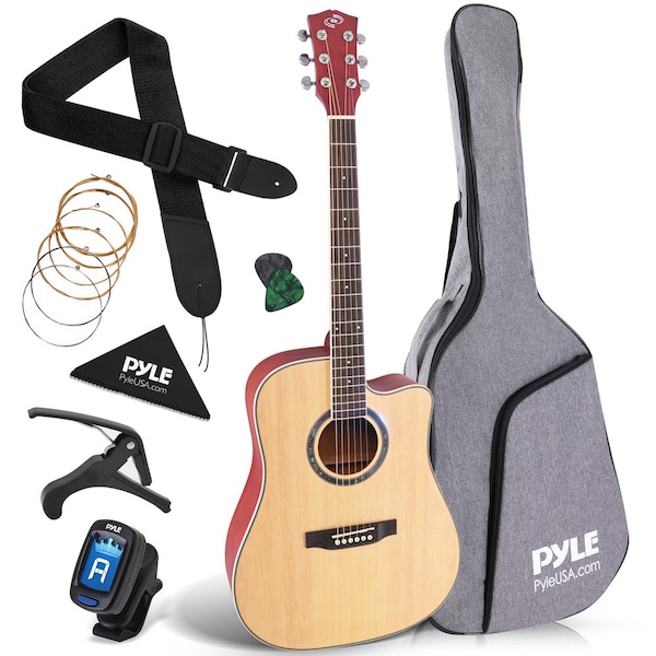 Pyle Full Size Acoustic Guitar Kit, Steel String, Dreadnought Cutaway, with Capo, Upgraded Gig Bag PGA480NT - main